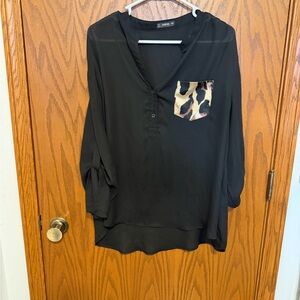 Elegant Black Blouse with Animal Print Pocket